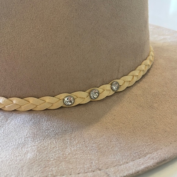 Glitzy Bella Women’s Suede Hat, Beige with Creme braid & crystal embellishments - Picture 7 of 10